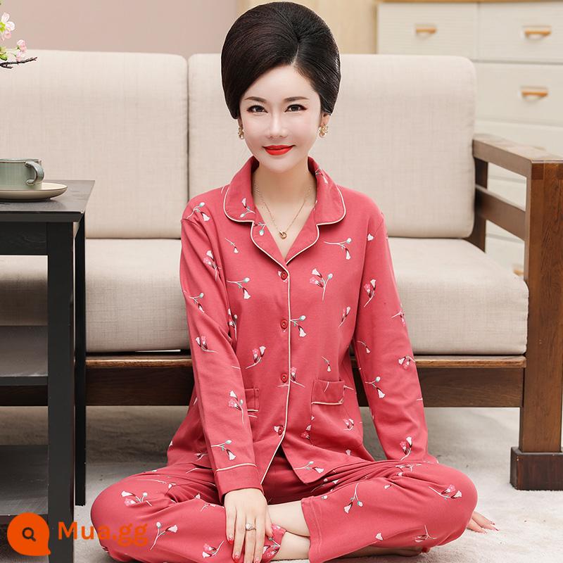 Bộ đồ ngủ cho bà mẹ trung niên và người cao tuổi mùa xuân và mùa thu cotton nguyên chất dài tay kích thước lớn phần mỏng phục vụ tại nhà bộ đồ nữ mùa thu đông - Hoa hồng đỏ LSY2602