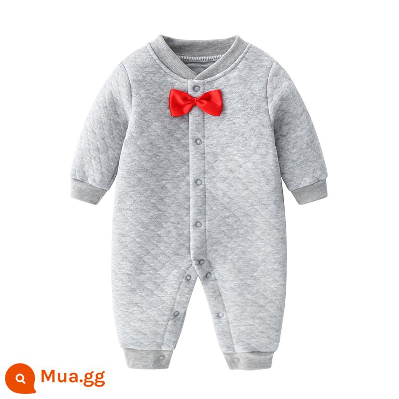 Áo Liền Quần Cho Bé Thu Đông Dày Chần Bông Mùa Xuân Cotton Nguyên Chất Bộ Đồ Ngủ Ấm Áp Nam Nữ Quần Áo Liền Quần Dài Tay Dễ Thương - Ấm áp - Xám (Cà vạt nơ đỏ) B