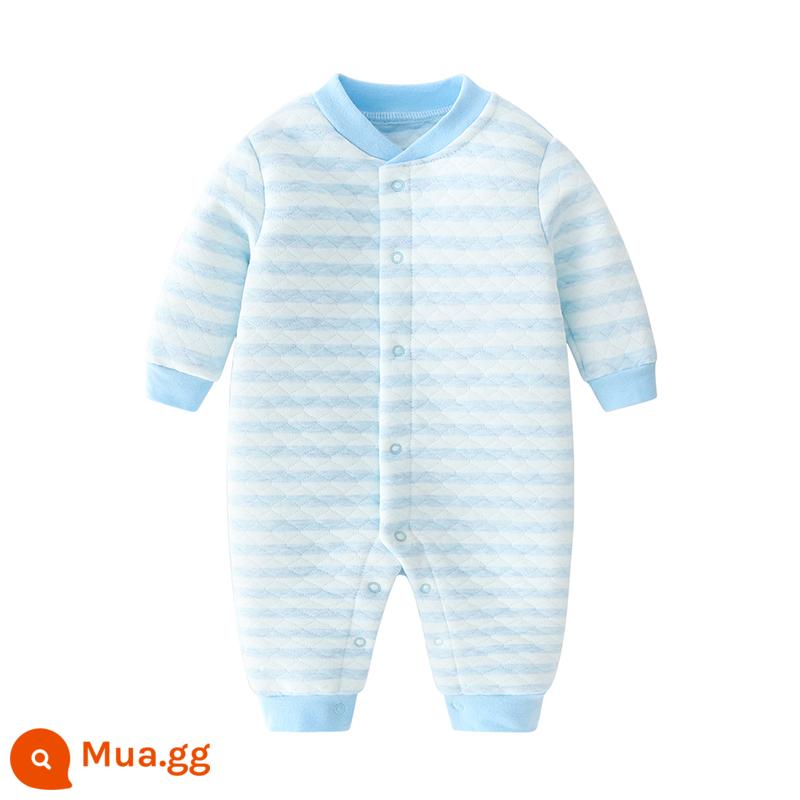 Áo Liền Quần Cho Bé Thu Đông Dày Chần Bông Mùa Xuân Cotton Nguyên Chất Bộ Đồ Ngủ Ấm Áp Nam Nữ Quần Áo Liền Quần Dài Tay Dễ Thương - Sọc Xanh Ấm Áp B