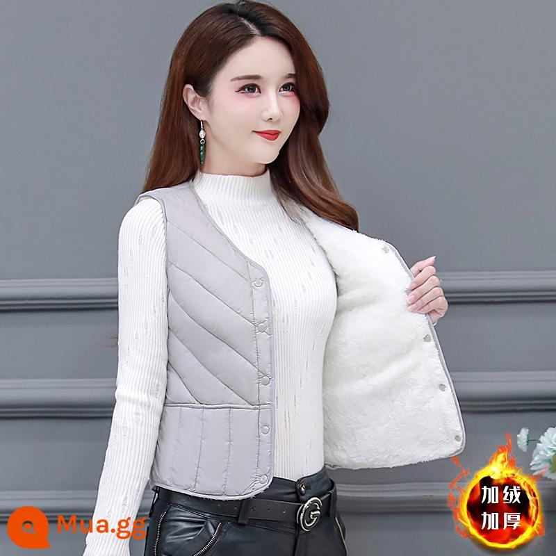 2023 Mùa Thu Đông Phong Cách Mới Xuống Cotton Áo Vest Cho Nữ Plus Nhung Pony Kẹp Dày Giữ Nhiệt Áo Kích Thước Lớn Ôm Sát áo Ghi Lê - xám nhạt