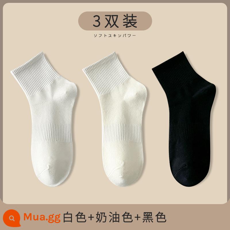 Vớ trắng nữ giữa ống tất thu đông cotton nguyên chất ins triều màu đen mùa đông thể thao cặp đôi vớ nam - Trắng + kem + đen [3 đôi]