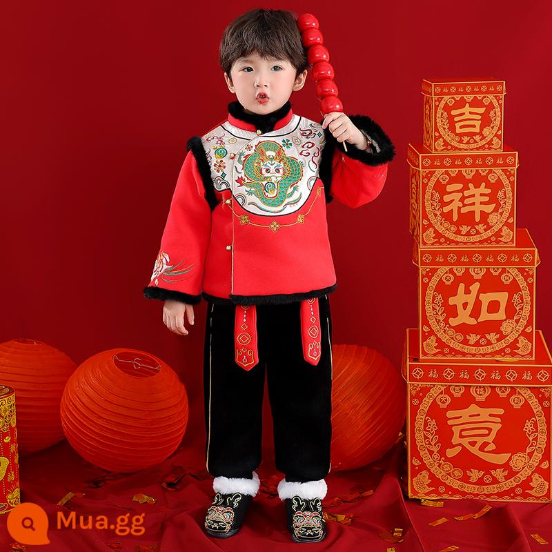 Quần áo chúc mừng năm mới cho bé trai Hanfu phong cách Trung Hoa Lễ hội mùa đông dành cho bé gái Bộ đồ dày dành cho trẻ em Bộ đồ váy một tuổi của bé - Cậu bé Qinglong (phiên bản nâng cấp với chất liệu cotton và dày)