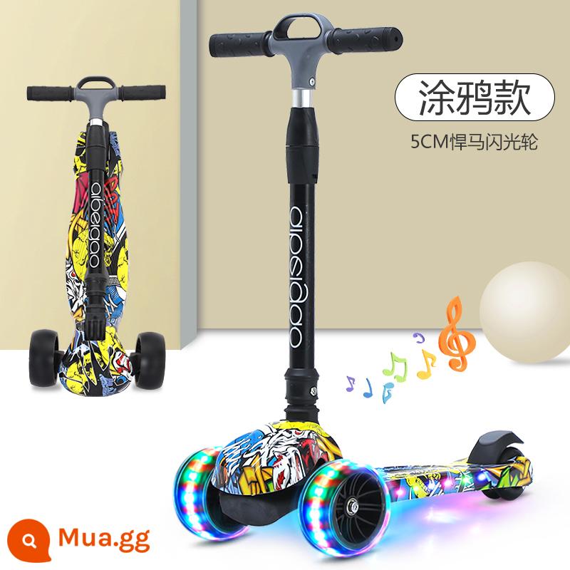 Xe trượt Scooter trẻ em 2-3-6-8 tuổi xe trượt 3 bánh flash bé trai và bé gái bé có thể nâng đồ chơi xe yo-yo - [Graffiti Yellow - Khả năng chịu tải 500 catties] Bánh xe flash 5CM + bảng nhạc + tấm nylon hai lớp + tay cầm bằng hợp kim nhôm