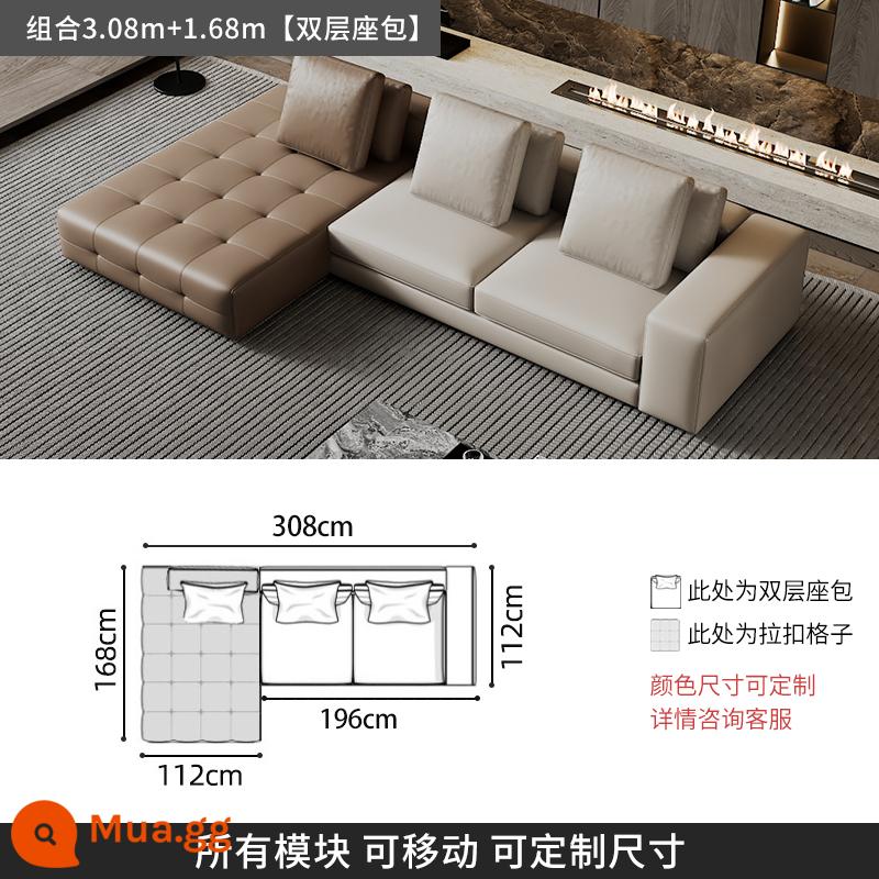 Ý tối giản ánh sáng sang trọng Sofa Lawrence lớp đầu tiên kết hợp da bò phòng khách căn hộ lớn biệt thự thiết kế mô-đun da - [Da bò hạt dày cấp S] kết hợp 3,08m+1,68m (ghế hai lớp có tay vịn)