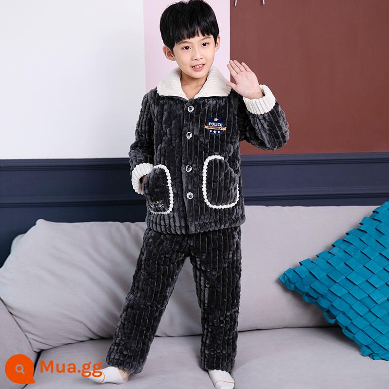 Bộ đồ ngủ vải nỉ san hô trẻ em mùa đông dày dặn ở nhà Bộ đồ ngủ cotton 3 lớp vải flannel cho trẻ em - chữ màu xám