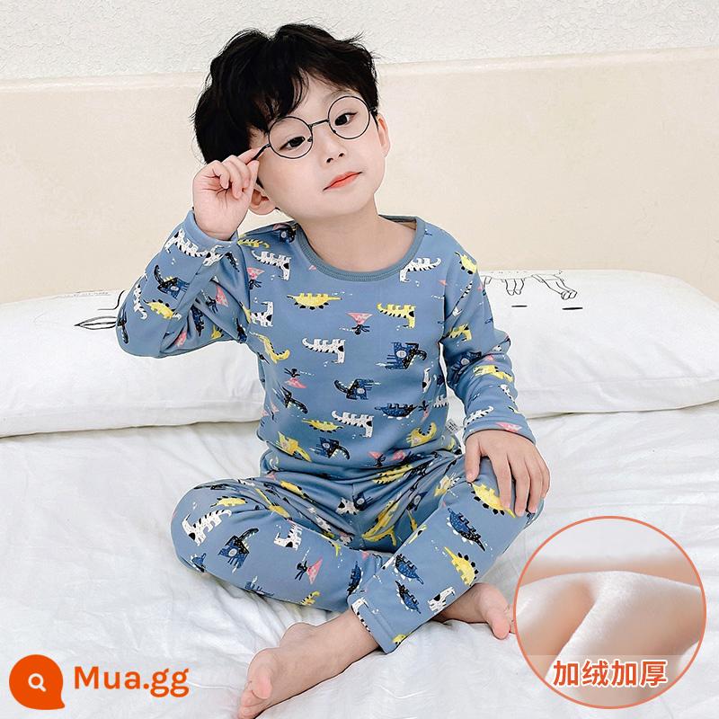 Bộ đồ lót giữ nhiệt trẻ em bằng nhung bắc cực cộng với nhung dày bé trai và bé gái cotton nguyên chất cho bé một bộ đồ ngủ cotton nhung mùa đông - [Phong cách lông cừu] Khủng long rừng xanh