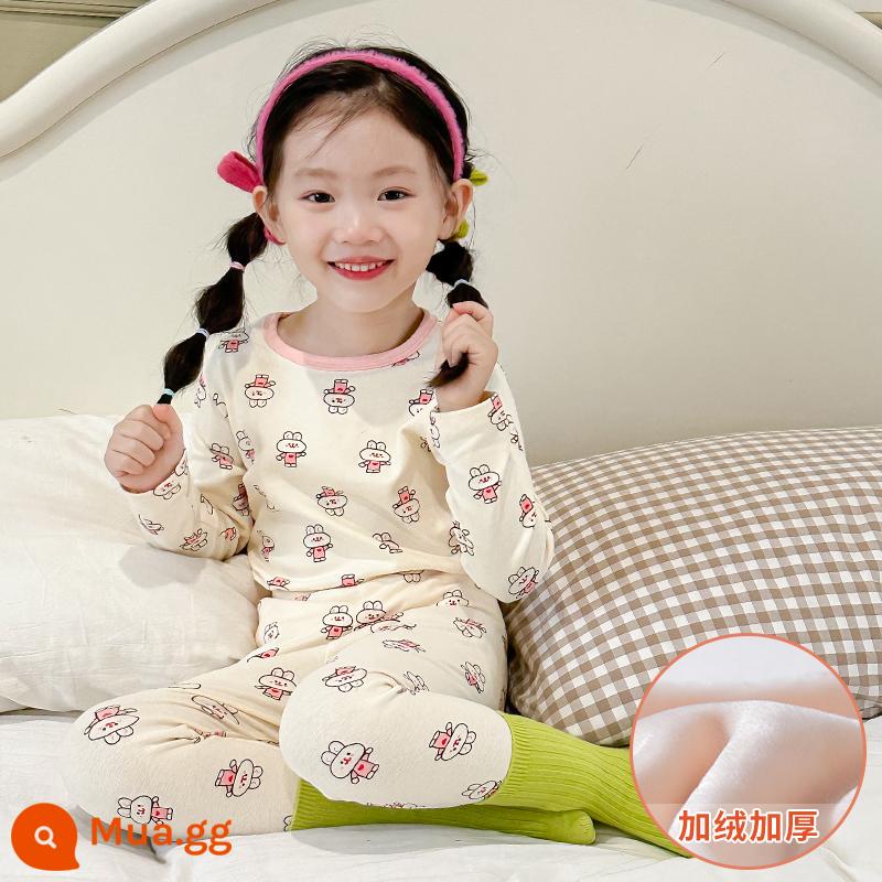 Bộ đồ lót giữ nhiệt trẻ em bằng nhung bắc cực cộng với nhung dày bé trai và bé gái cotton nguyên chất cho bé một bộ đồ ngủ cotton nhung mùa đông - [Phong cách lông cừu] Thỏ dễ thương trên đế giữa