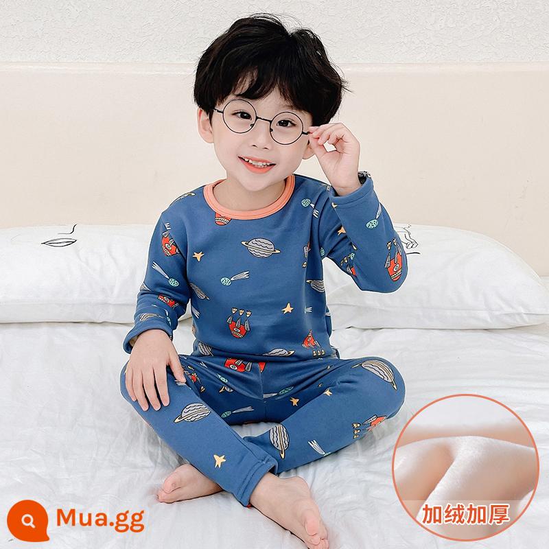 Bộ đồ lót giữ nhiệt trẻ em bằng nhung bắc cực cộng với nhung dày bé trai và bé gái cotton nguyên chất cho bé một bộ đồ ngủ cotton nhung mùa đông - [Phong cách lông cừu] Hành tinh tên lửa Sapphire