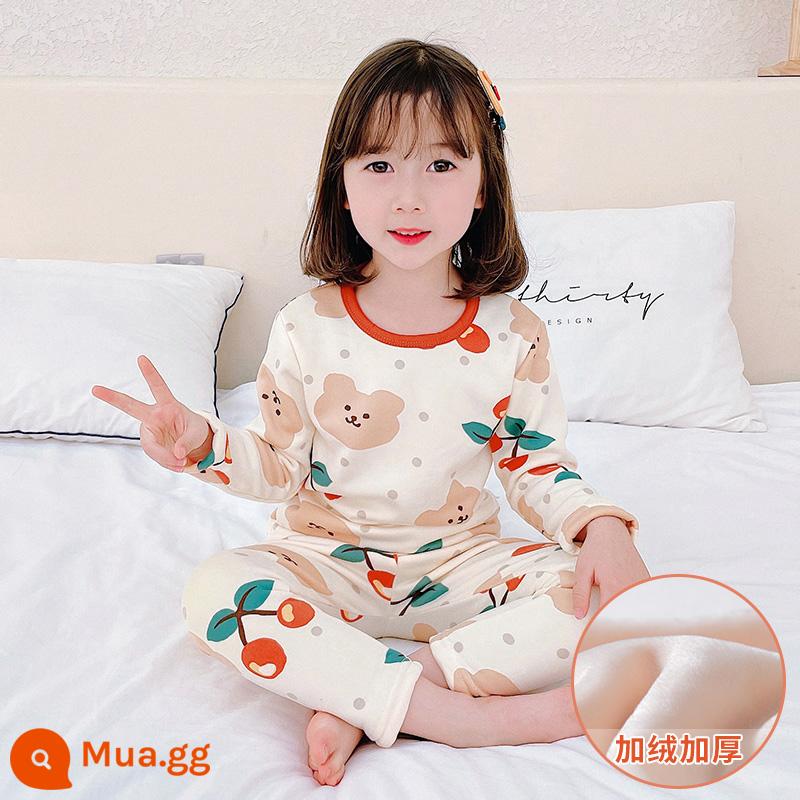 Bộ đồ lót giữ nhiệt trẻ em bằng nhung bắc cực cộng với nhung dày bé trai và bé gái cotton nguyên chất cho bé một bộ đồ ngủ cotton nhung mùa đông - [Phong cách lông cừu] Gấu anh đào hoa mai