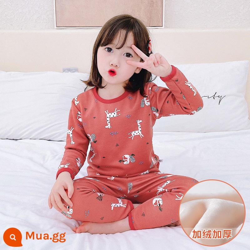 Bộ đồ lót giữ nhiệt trẻ em bằng nhung bắc cực cộng với nhung dày bé trai và bé gái cotton nguyên chất cho bé một bộ đồ ngủ cotton nhung mùa đông - [Phong cách nhung Plus] Hươu cao cổ màu cam san hô