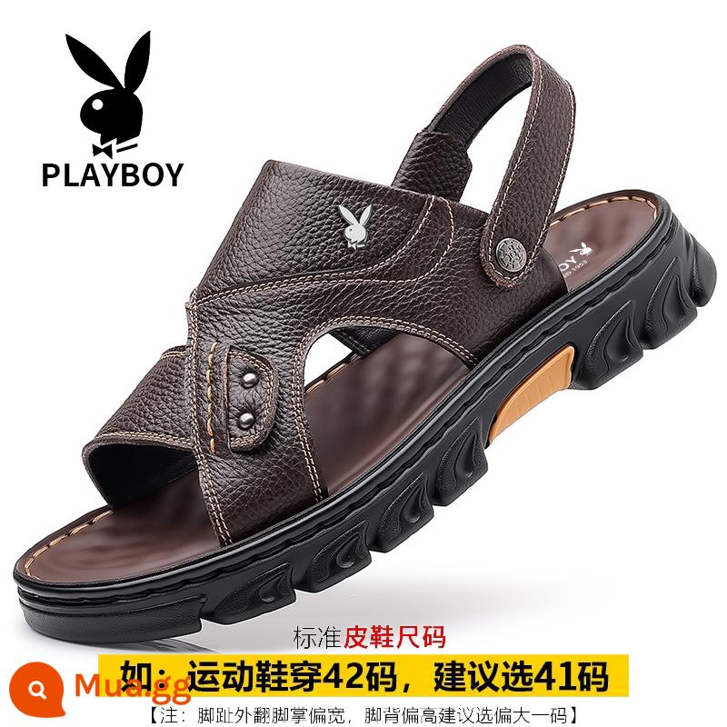 Playboy Dép Nam Mùa Hè 2023 Mới Giày Đi Biển Da Thật Đế Dày Chống Trơn Trượt Trung Niên Bố Dép - 2053 màu nâu