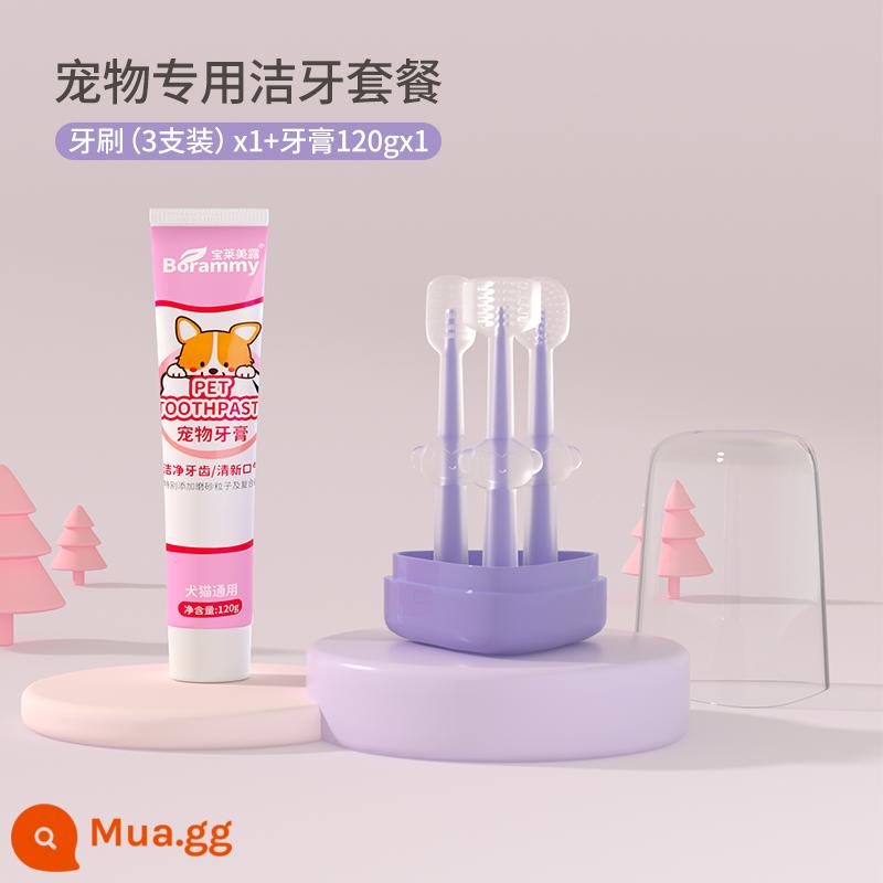 Mèo cưng silicone bàn chải đánh răng nhỏ mèo đánh răng cho chó Bộ kem đánh răng loại bỏ hơi thở có mùi có thể ăn được đồ làm sạch răng - [Tím oải hương] Bộ ba sản phẩm + kem đánh răng (chỉ dành cho thú cưng nhỏ)