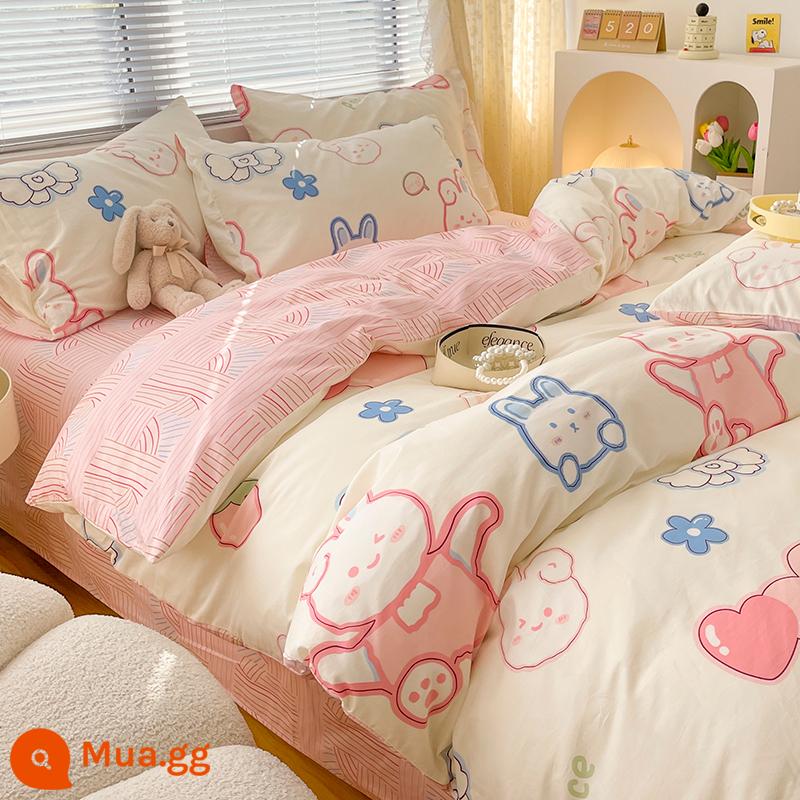 Ins gió giường 4 món 100 cotton ga trải giường cotton nguyên chất Tulip 3 bộ nhỏ họa tiết hoa chăn ga gối đệm ga trải giường - Cô Gái Thỏ [in 100% cotton]