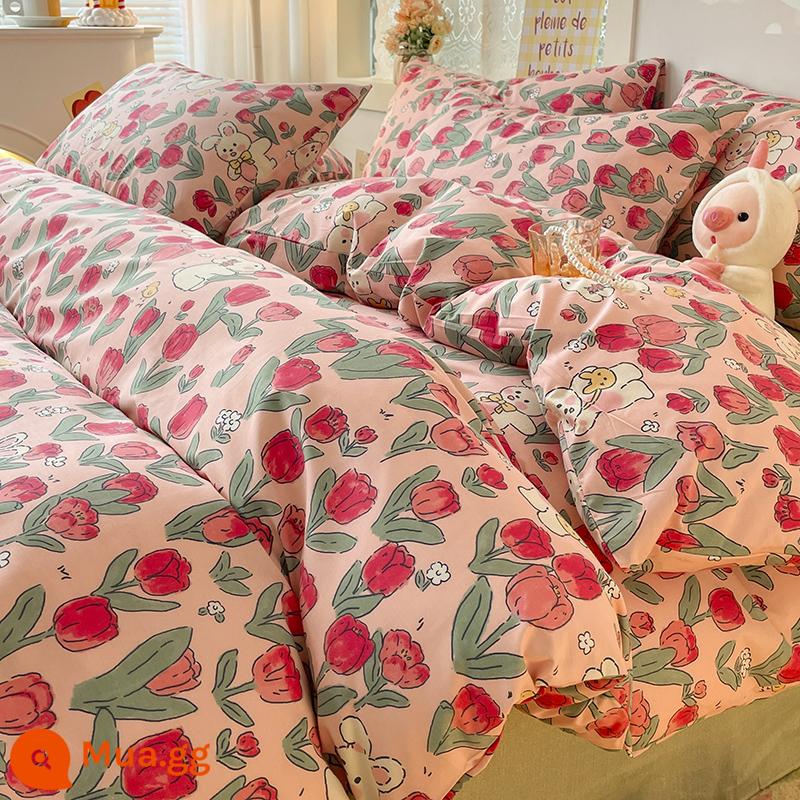 Ins gió giường 4 món 100 cotton ga trải giường cotton nguyên chất Tulip 3 bộ nhỏ họa tiết hoa chăn ga gối đệm ga trải giường - Thỏ Nhỏ Đỏ [In 100% Cotton]