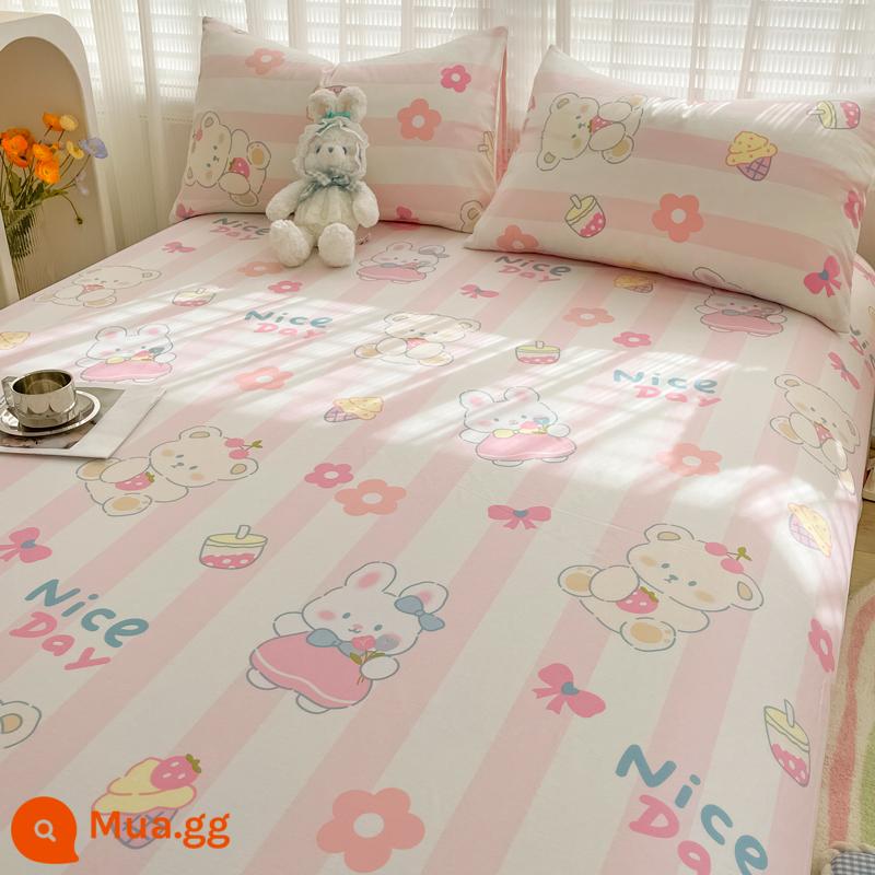 Tấm cotton nguyên chất một mảnh 100 cotton dày trẻ em chăn đơn ký túc xá sinh viên vỏ gối ga trải giường 3 món 1.5 mét - Thỏ sức sống