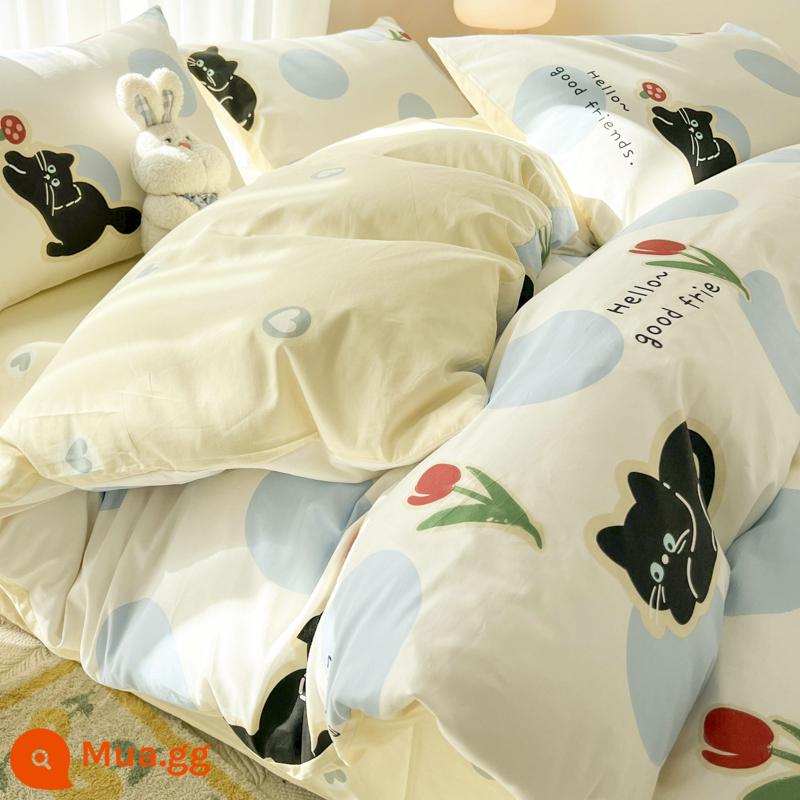 Bộ bốn mảnh giường ngủ bằng vải cotton nguyên chất, vải cotton nguyên chất Bộ khăn trải giường, ga trải giường và vỏ chăn bông mùa xuân theo phong cách Bắc Âu, bộ ga trải giường ba mảnh vừa vặn - Thời gian lười biếng [dành riêng cho co rút, không chạy, 100% cotton chải kỹ]