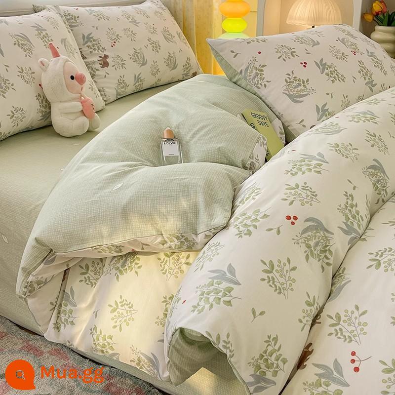 Bộ bốn mảnh giường ngủ bằng vải cotton nguyên chất, vải cotton nguyên chất Bộ khăn trải giường, ga trải giường và vỏ chăn bông mùa xuân theo phong cách Bắc Âu, bộ ga trải giường ba mảnh vừa vặn - Quyou [dành riêng cho chăn co rút, chăn chống trượt, 100% cotton chải kỹ]