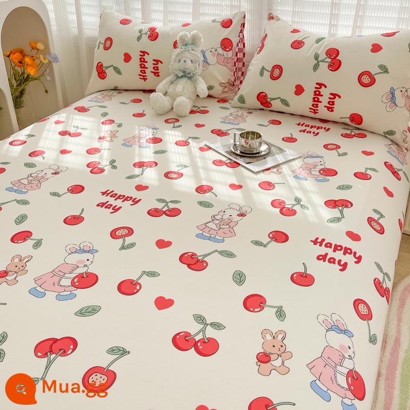 Tấm cotton nguyên chất một mảnh 100 cotton dày trẻ em chăn đơn ký túc xá sinh viên vỏ gối ga trải giường 3 món 1.5 mét - thỏ anh đào