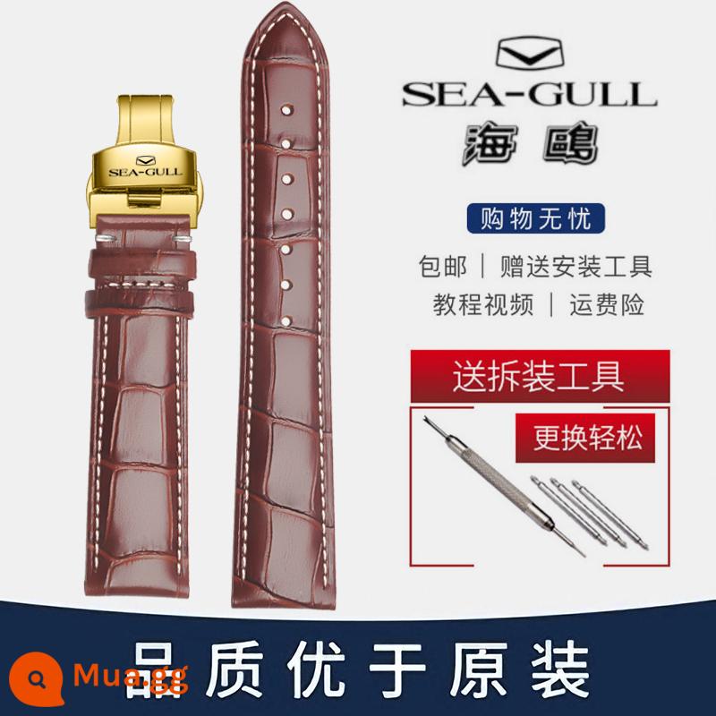 Dây Đồng Hồ Seagull Nam Da Chính Hãng Khóa Bướm Nữ 819.317/219.328 Dòng Tourbillon - Sợi trắng nâu + khóa bướm vàng