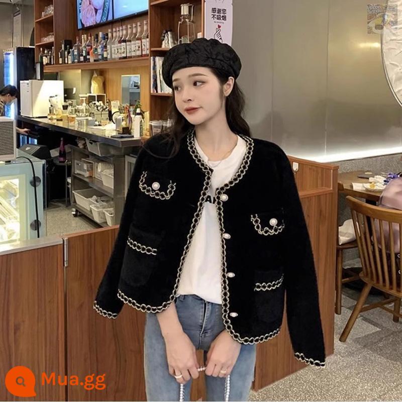 Áo cardigan nhung chồn cho nữ mùa thu đông 2024 áo kiểu nước ngoài mới cho nữ áo len nhỏ thơm kiểu dáng áo khoác dệt kim đa năng hợp thời trang - Đen [Thu và nhận bảo hiểm cước vận chuyển]