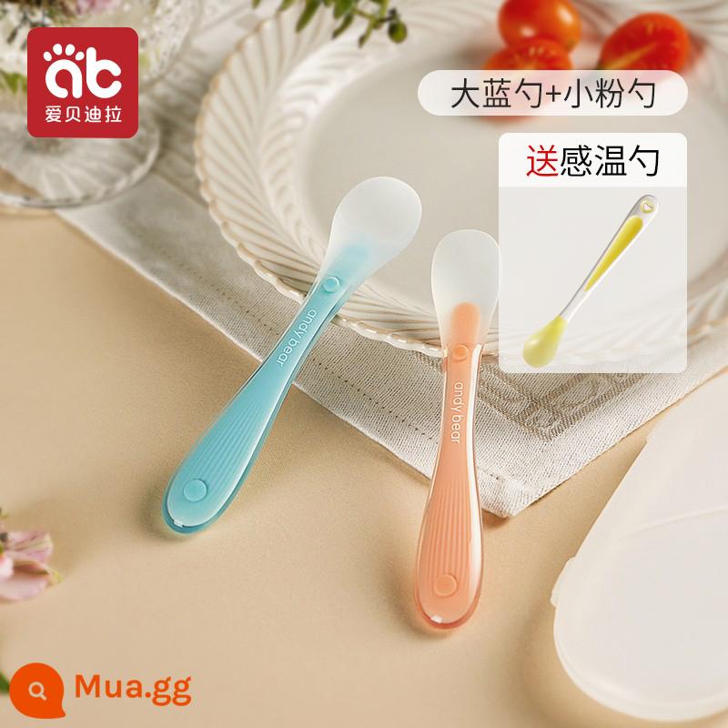 Muỗng silicone cho bé sơ sinh cho bé ăn nước thìa nhỏ bộ đồ ăn trẻ em ăn thức ăn không chủ yếu bát đầu mềm thìa silicone mềm - √[Nâng cấp] Xanh + Hồng (tặng kèm hộp bảo quản) và kèm thìa hâm nóng (đổi màu 38°)