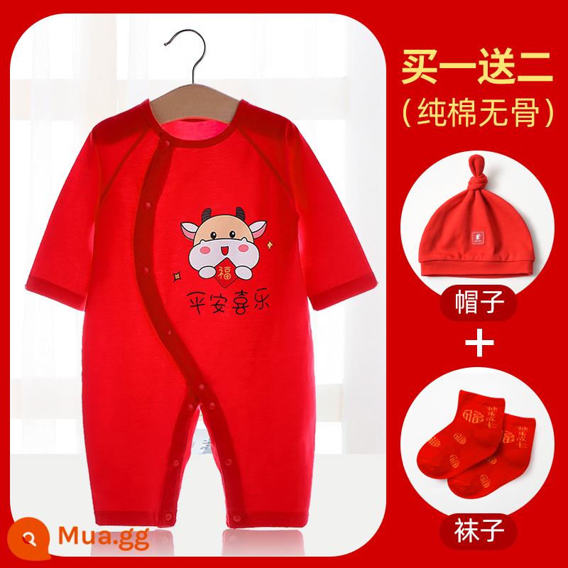 Áo liền quần cotton nguyên chất cho bé Quần áo năm mới quần áo trăng tròn sơ sinh áo liền quần lễ hội năm mới áo liền quần mùa xuân, thu đông - (Phong cách mỏng mùa hè) Bình yên và vui vẻ (gồm mũ + tất)