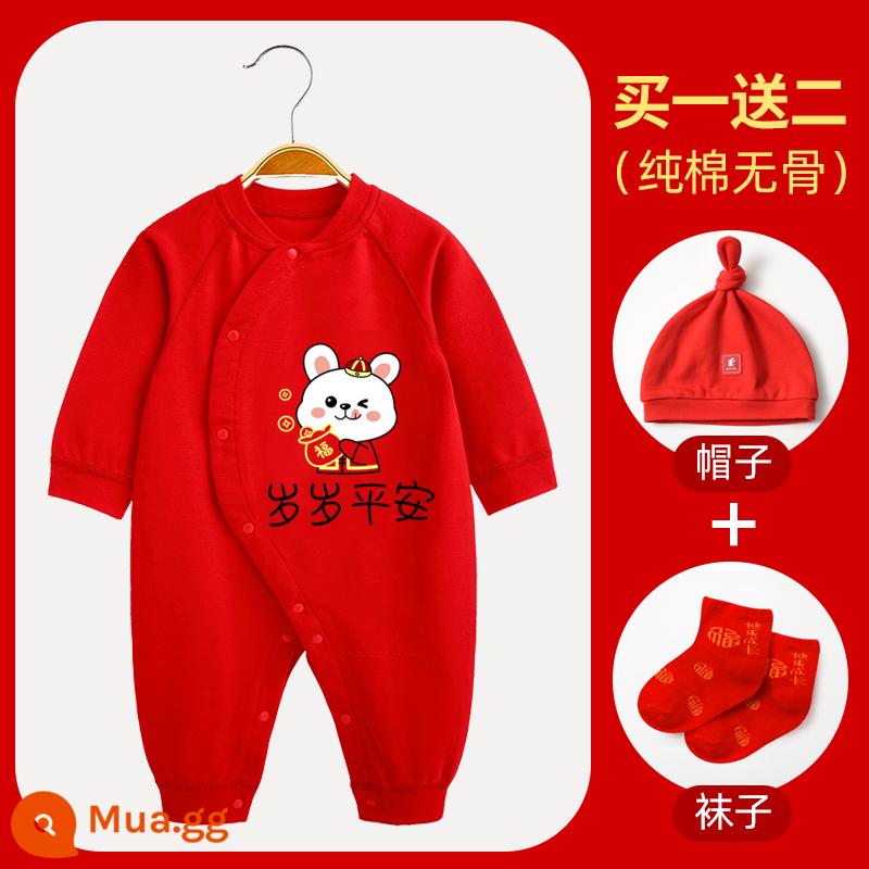 Áo liền quần cotton nguyên chất cho bé Quần áo năm mới quần áo trăng tròn sơ sinh áo liền quần lễ hội năm mới áo liền quần mùa xuân, thu đông - 〖Phong cách thông thường〗Suisui Ping An Bunny (bao gồm mũ + tất)