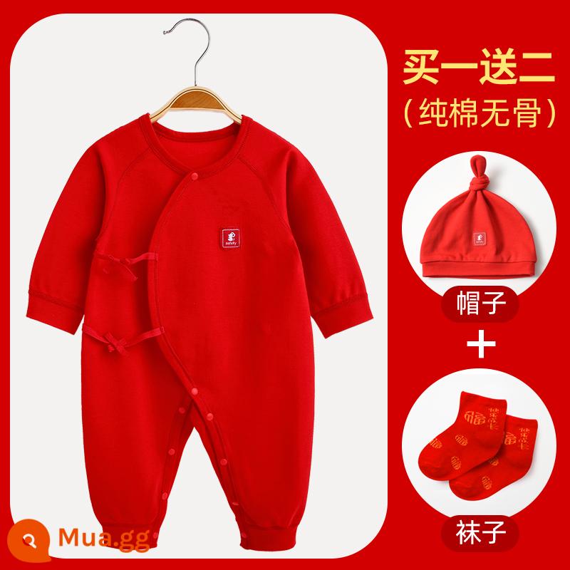 Áo liền quần cotton nguyên chất cho bé Quần áo năm mới quần áo trăng tròn sơ sinh áo liền quần lễ hội năm mới áo liền quần mùa xuân, thu đông - [Phong cách thông thường] Kiểu dệt kim (bao gồm mũ + tất)