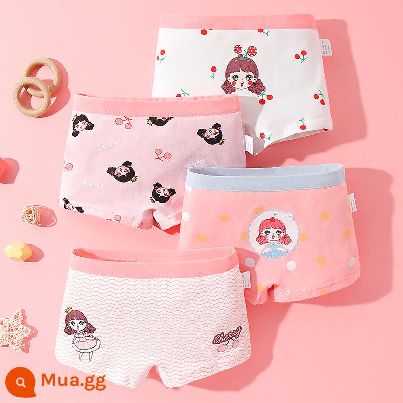 Quần lót bé gái boxer cotton nguyên chất không kẹp pp cotton tam giác bé trai bé gái quần short 100% 4 góc - Công chúa nhỏ anh đào (4 gói)