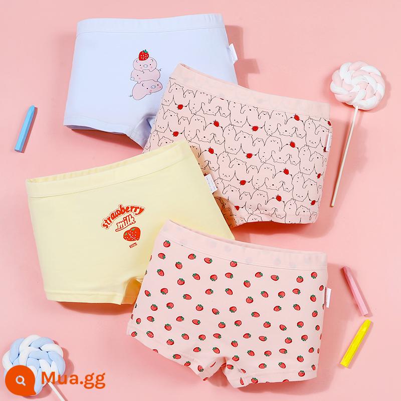 Quần lót bé gái boxer cotton nguyên chất không kẹp pp cotton tam giác bé trai bé gái quần short 100% 4 góc - Heo dâu dễ thương (4 gói)