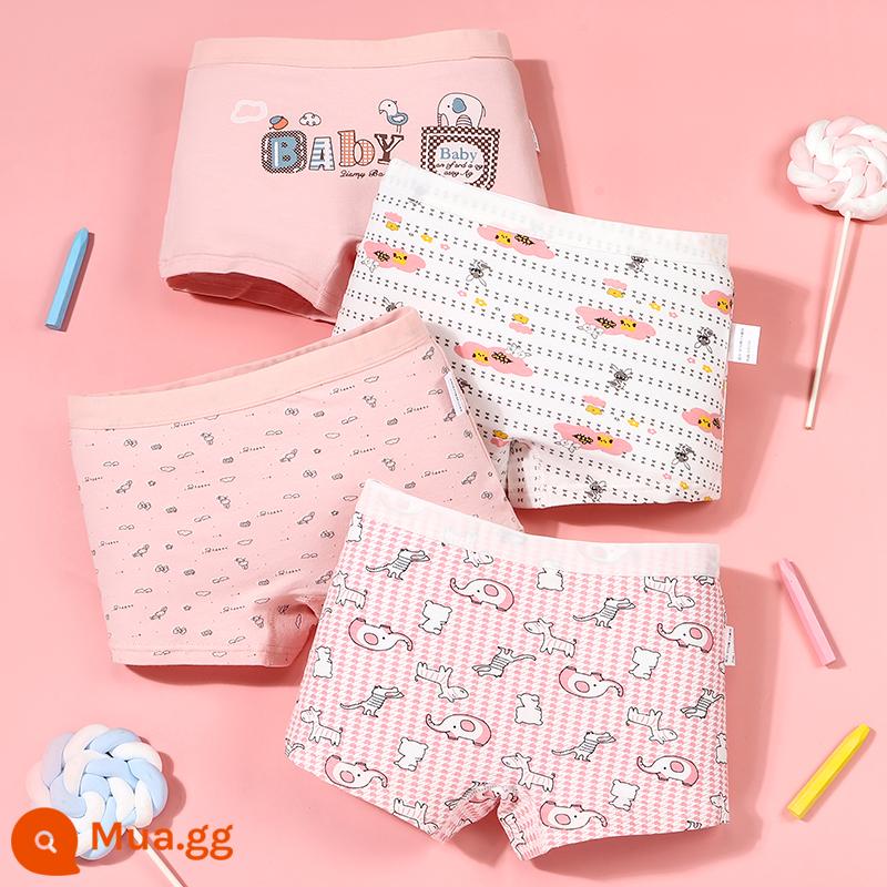 Quần lót bé gái boxer cotton nguyên chất không kẹp pp cotton tam giác bé trai bé gái quần short 100% 4 góc - Voi và Thỏ Trắng (4 gói)