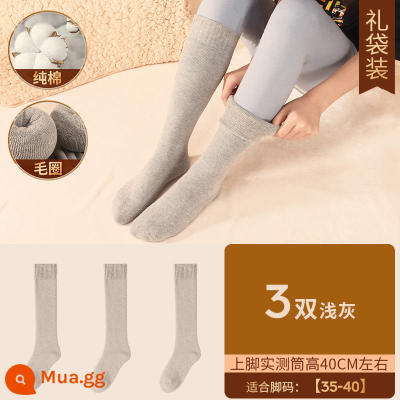 Henngyuanxiang Vớ bông nguyên chất Mùa thu và mùa đông ấm áp và nhung, mùa đông Dothoran Anti -cotton TOCT SOCKS - [Áo cao cấp nữ] nhung dày - 3 đôi xám nhạt