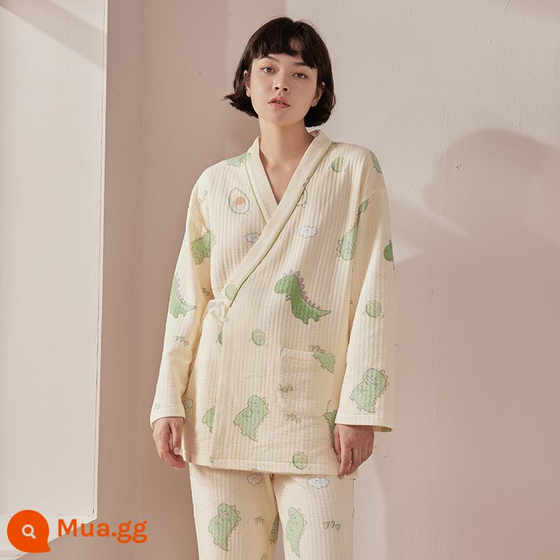 Quần áo giam cầm Guyangyang vào tháng 12 mùa đông bộ đồ ngủ bằng cotton nguyên chất cho phụ nữ mang thai sau sinh mẫu xuân thu đông chần bông cho con bú quần áo mặc ở nhà - [Bộ kimono 2 món - không ngậm miệng] Khủng long