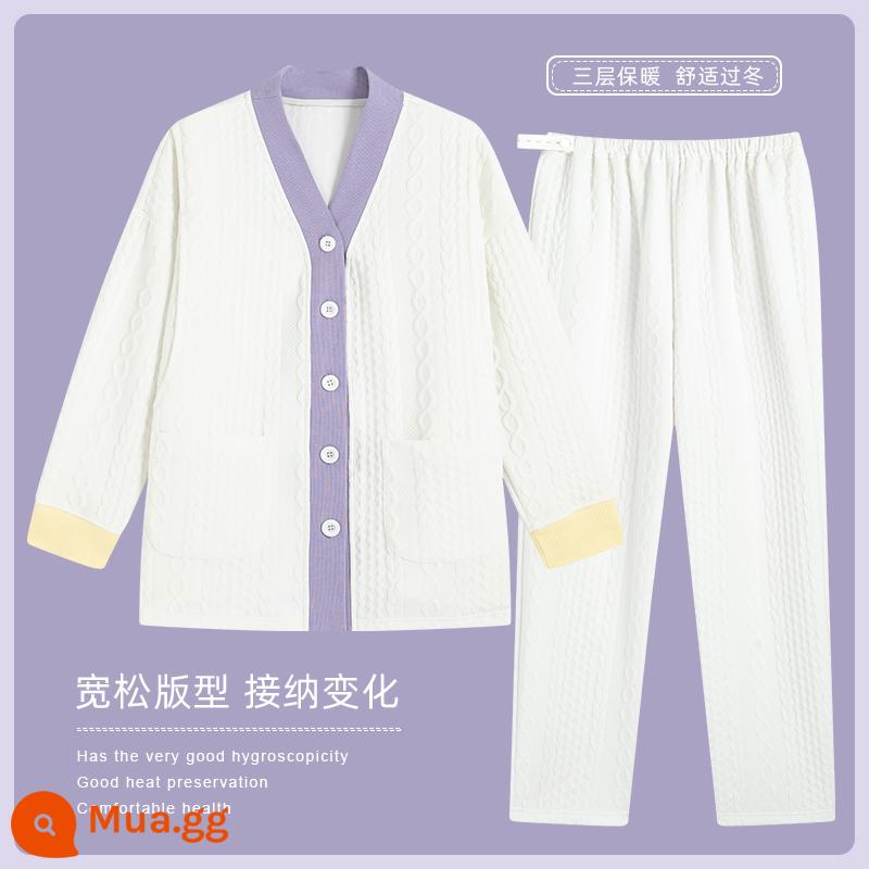 Quần áo giam cầm Guyangyang vào tháng 12 mùa đông bộ đồ ngủ bằng cotton nguyên chất cho phụ nữ mang thai sau sinh mẫu xuân thu đông chần bông cho con bú quần áo mặc ở nhà - [Cổ áo vest 2 mảnh có lỗ cho con bú] màu trắng pha tím