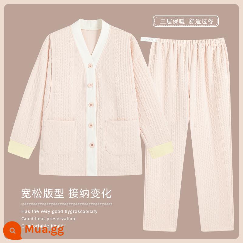 Quần áo giam cầm Guyangyang vào tháng 12 mùa đông bộ đồ ngủ bằng cotton nguyên chất cho phụ nữ mang thai sau sinh mẫu xuân thu đông chần bông cho con bú quần áo mặc ở nhà - [Cổ áo vest 2 mảnh - có cổng điều dưỡng] hồng và trắng