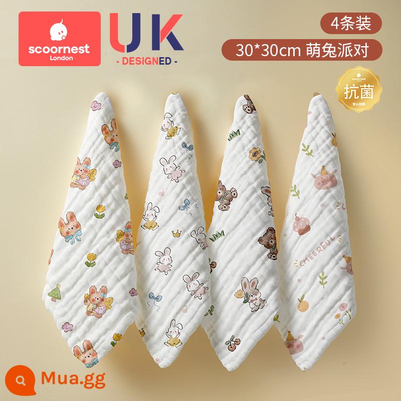 Khăn lau nước bọt cho bé sơ sinh cotton nguyên chất siêu mềm khăn vuông nhỏ cho bé khăn mặt đặc biệt sản phẩm dành cho trẻ em khăn gạc - Kháng khuẩn-[4 miếng cotton nguyên chất loại A] Tiệc thỏ dễ thương 30 * 30 sáu lớp