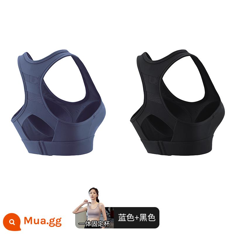 Áo ngực thể thao cường độ cao cho nữ mặc cho ngực to, áo tập yoga chạy bộ chống sốc, áo chống chảy xệ - [Tích hợp cốc cố định] Xanh navy + đen