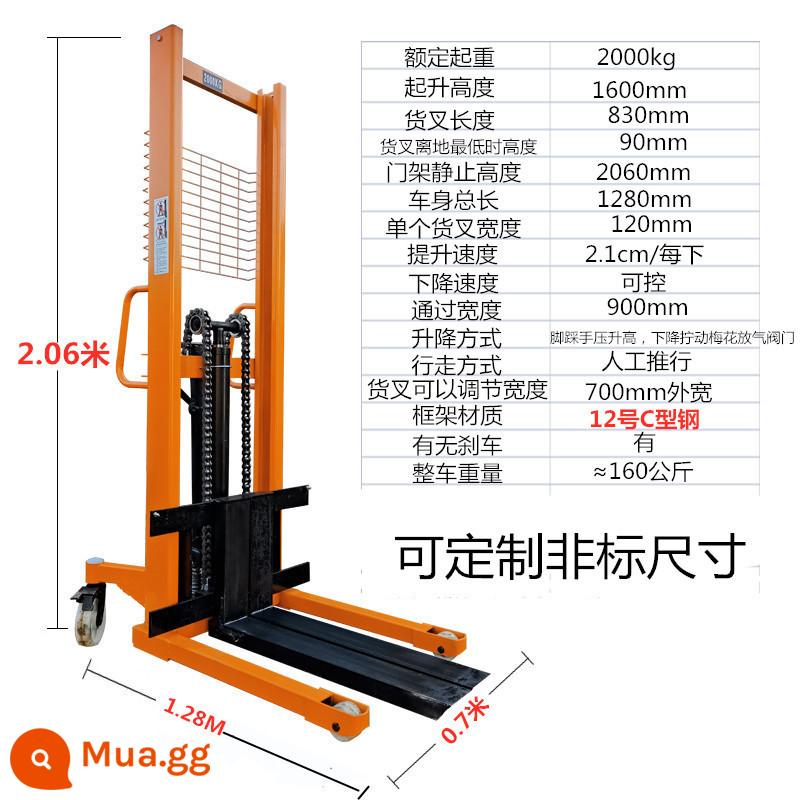 Xe nâng thủy lực chạy điện bằng tay Xe nâng nâng 1 tấn 2 tấn Xe tải xếp dỡ nhỏ Xe nâng xi lanh dầu - Nâng cấp 2 tấn bằng tay nâng thép hình chữ C cao 1,6m