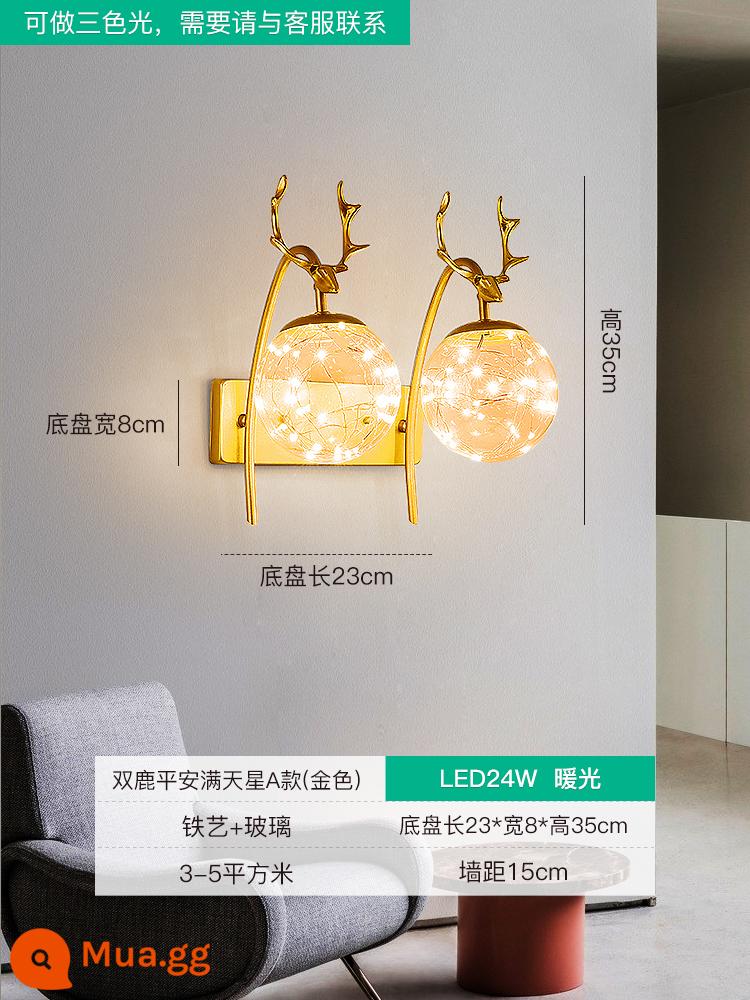 Đơn Giản Hiện Đại LED Đèn Tường Pha Lê Bắc Âu Đèn Tường Phòng Khách Nền Đèn Tường Lối Đi Phòng Ngủ Đèn Ngủ - Golden Double Deer Ping An A Model LED Warm Light 24W