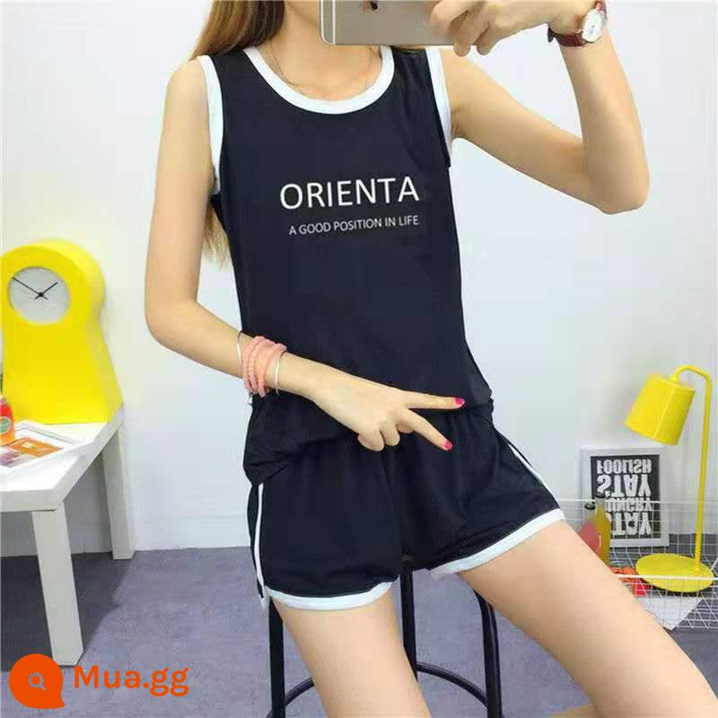 Bộ đồ thể thao thường ngày nữ không tay áo vest quần short chạy phù hợp với chất béo mm 2 bộ đồ mùa hè rộng kích thước lớn quần áo nữ - bộ đồ đen HOẶC