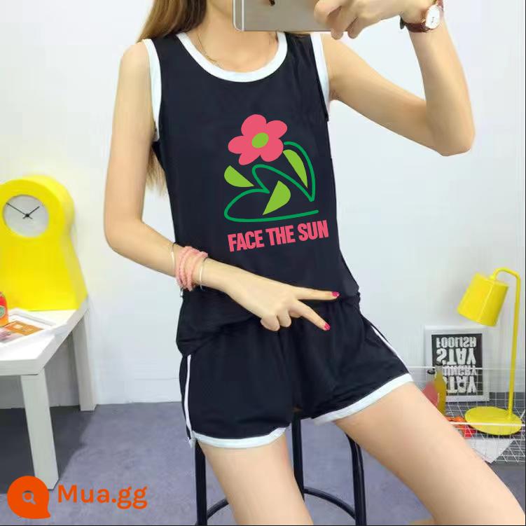 Bộ đồ thể thao thường ngày nữ không tay áo vest quần short chạy phù hợp với chất béo mm 2 bộ đồ mùa hè rộng kích thước lớn quần áo nữ - hoa bộ đồ đen