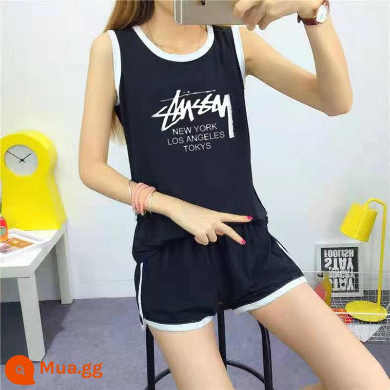 Bộ đồ thể thao thường ngày nữ không tay áo vest quần short chạy phù hợp với chất béo mm 2 bộ đồ mùa hè rộng kích thước lớn quần áo nữ - Bộ vest đen M lớn