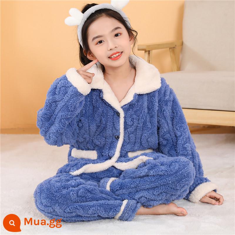 Bộ đồ ngủ trẻ em mùa đông Plus nhung dày bé trai mùa đông bé gái bé trai flannel bé gái san hô mặc nhà quần áo - THPJ Con Công Màu Xanh Nữ