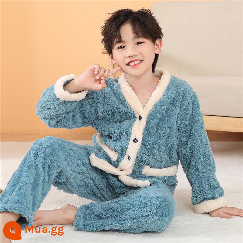 Bộ đồ ngủ trẻ em mùa đông Plus nhung dày bé trai mùa đông bé gái bé trai flannel bé gái san hô mặc nhà quần áo - Nam viền trắng xanh da trời