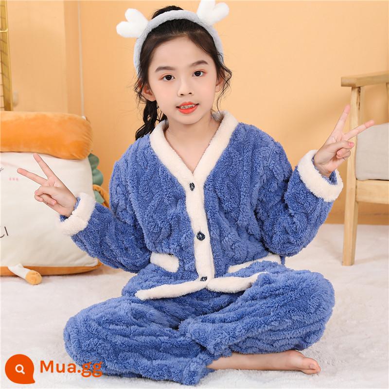 Bộ đồ ngủ trẻ em mùa đông Plus nhung dày bé trai mùa đông bé gái bé trai flannel bé gái san hô mặc nhà quần áo - Bầu trời trắng con công xanh cô gái