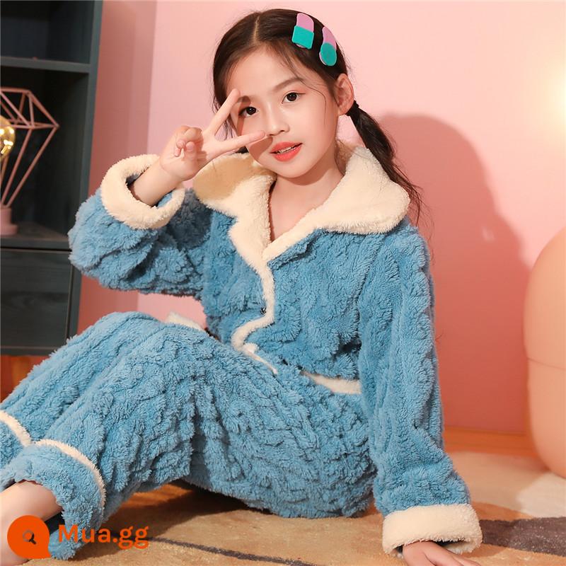 Bộ đồ ngủ trẻ em mùa đông Plus nhung dày bé trai mùa đông bé gái bé trai flannel bé gái san hô mặc nhà quần áo - THPJ nữ màu xanh da trời