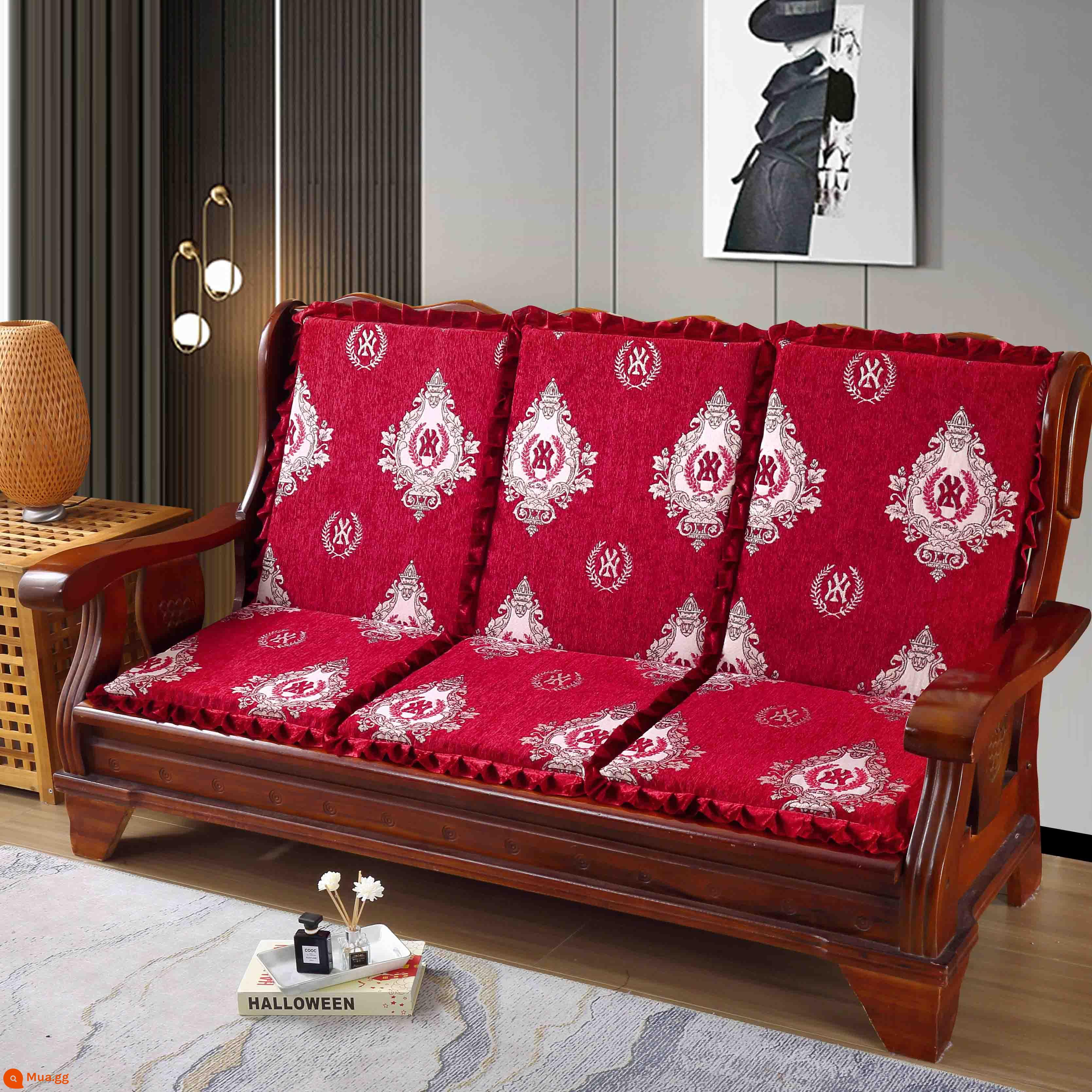 Ghế sofa gỗ đệm có tựa lưng bốn mùa phổ dày gỗ bằng gỗ gụ sang trọng đệm ghế đệm một - Mantangcai-Đỏ