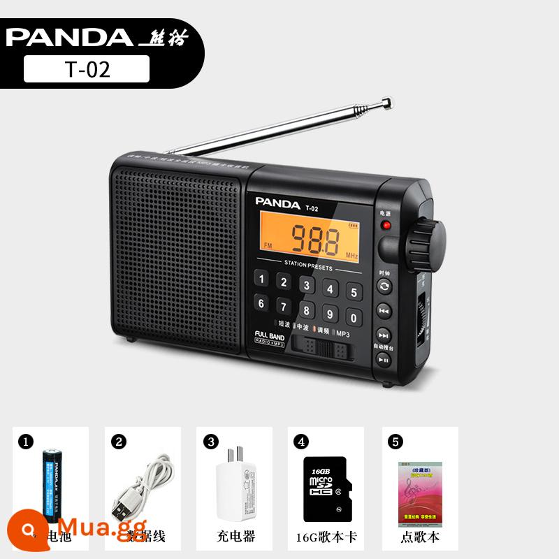 Đài PANDA/Panda T-02 cho người già có thể cắm thẻ sạc máy nghe nhạc tích hợp Walkman người già xách tay nghe bài hát đài FM sóng ngắn fm bán dẫn - Đen + thẻ 16GTF gồm (bài hát + opera + kể chuyện) + sách bài hát + sạc