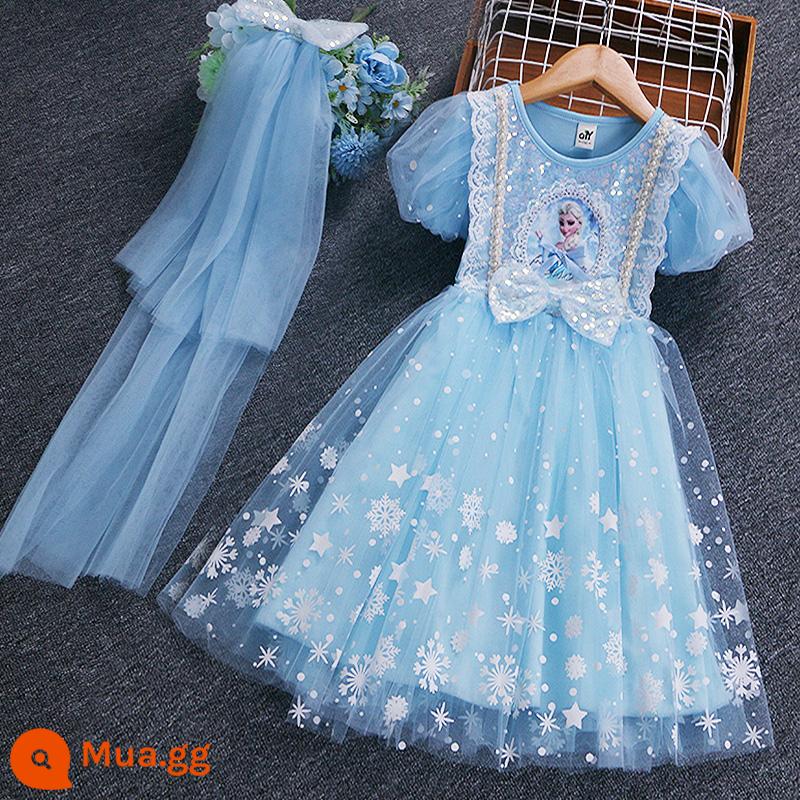 Frozen Aisha Đầm Công Chúa Bé Gái Mùa Hè Cotton Trẻ Em Aisha Sinh Nhật Đầm Mùa Hè Mới - Váy xanh + mạng che mặt loại B