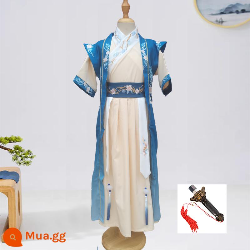 Hanfu nam 2023 mùa xuân mới và mùa hè cao cấp dành cho trẻ em nghiên cứu Trung Quốc thiếu gia trang phục biểu diễn trang phục cổ trang Tang phù hợp với phong cách Trung Quốc siêu cổ tích - Tay áo ngắn màu xanh + thanh kiếm